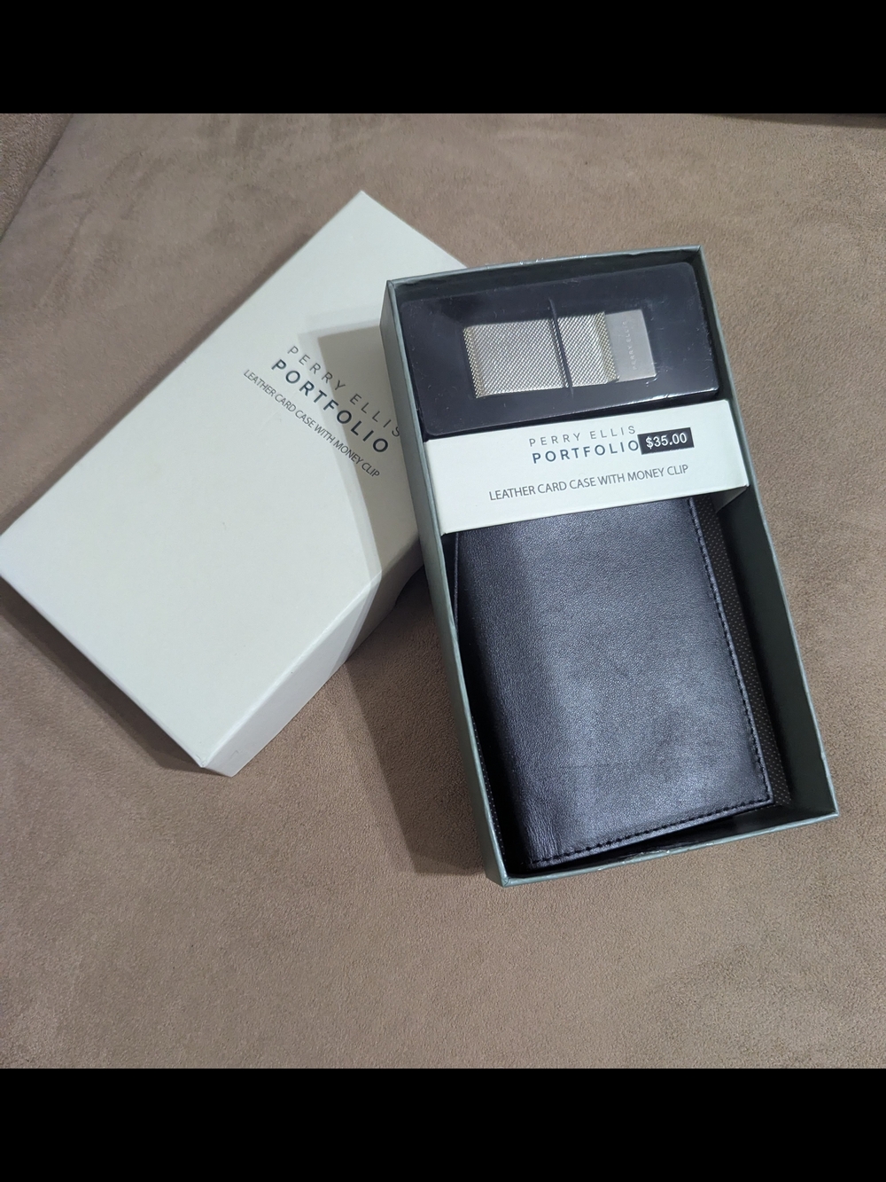 Perry Ellis Portfolio Black Leather Card Case with Money Clip